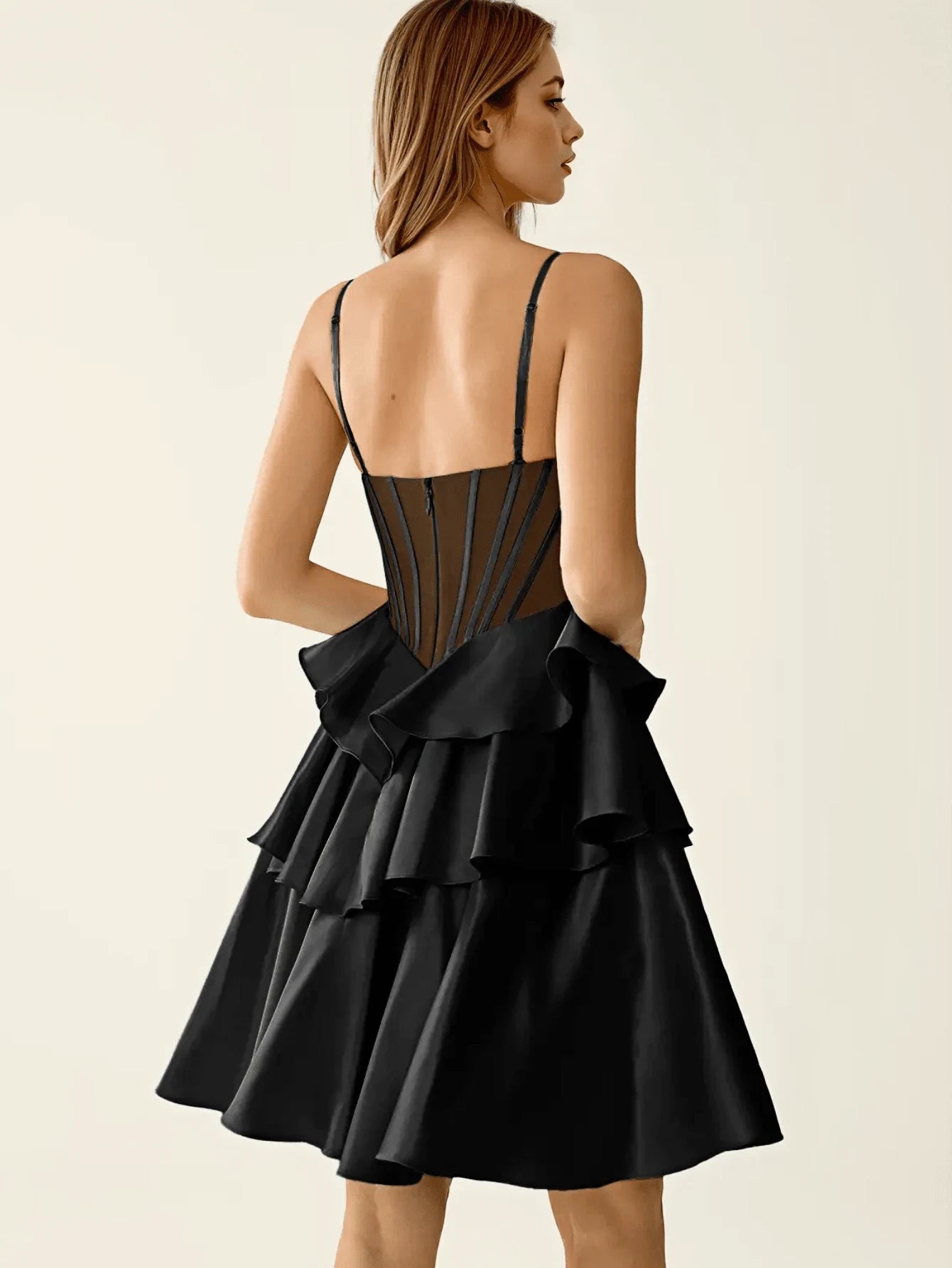 Elegant A-Line Sweetheart Corset Tiered Ruffle Satin Black Mini Homecoming Dress