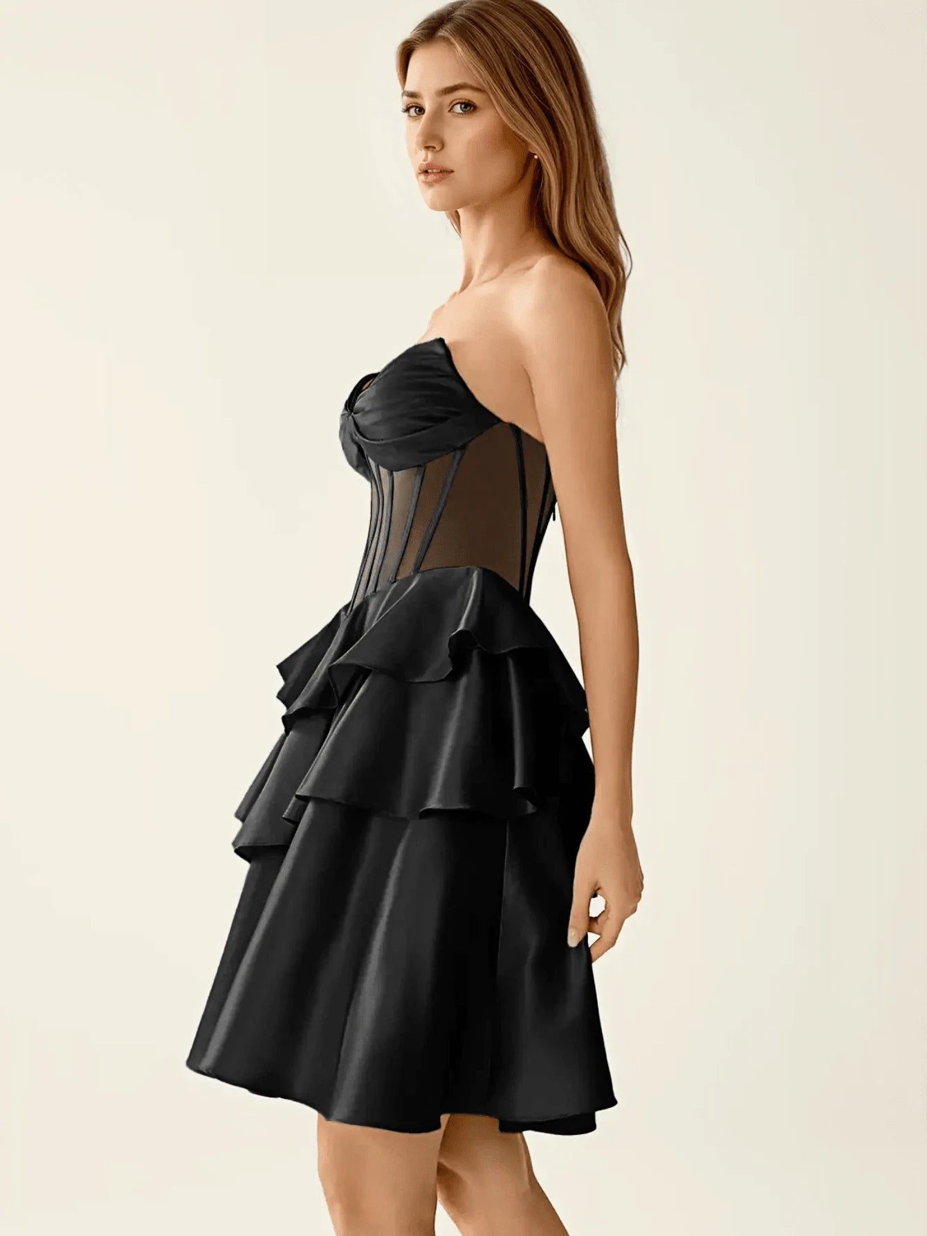 Elegant A-Line Sweetheart Corset Tiered Ruffle Satin Black Mini Homecoming Dress