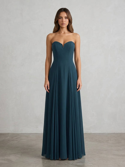 Elegant A-Line Sweetheart Flowing Pleated Deep Teal Floor-Length Prom Dress