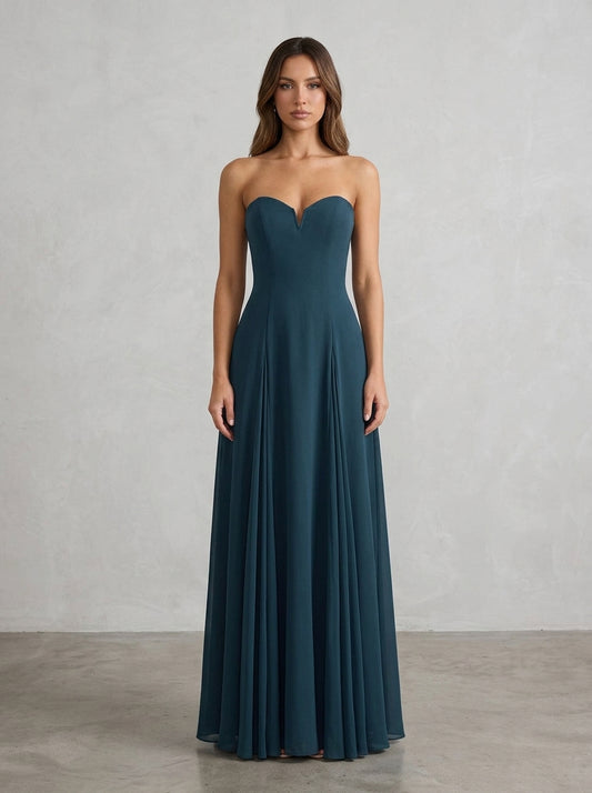 Elegant A-Line Sweetheart Flowing Pleated Deep Teal Floor-Length Prom Dress