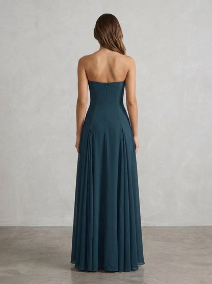 Elegant A-Line Sweetheart Flowing Pleated Deep Teal Floor-Length Prom Dress