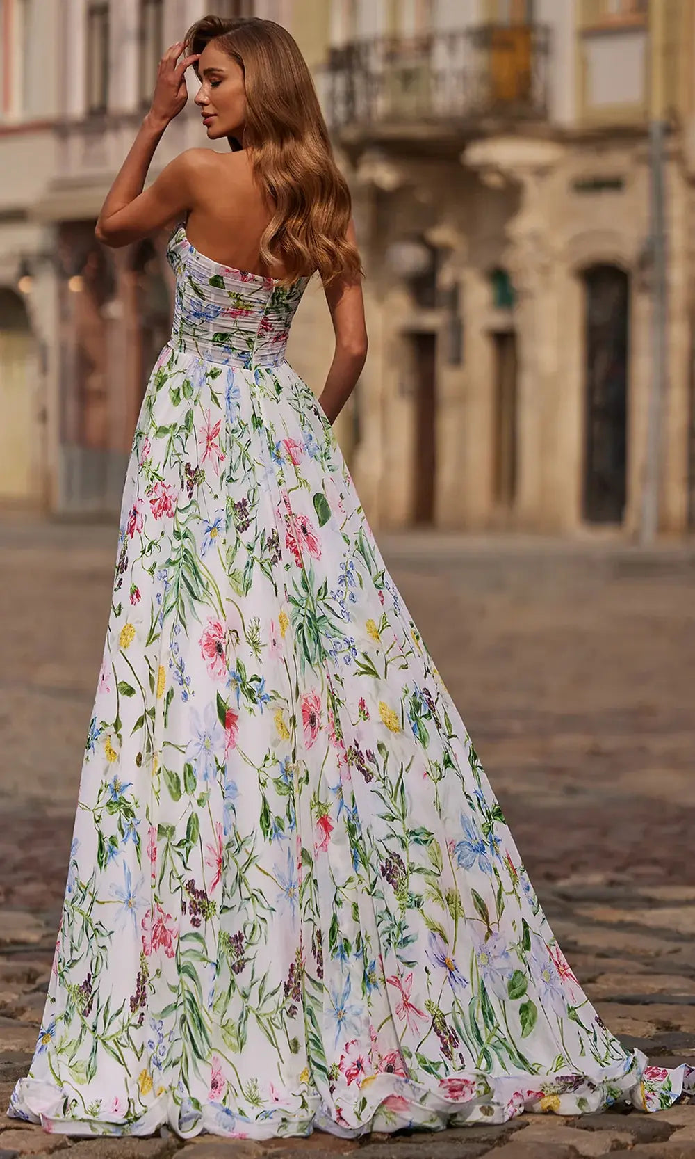 Elegant A-Line Sweetheart High Slit Floral Print Chiffon Floor-Length Prom Dress