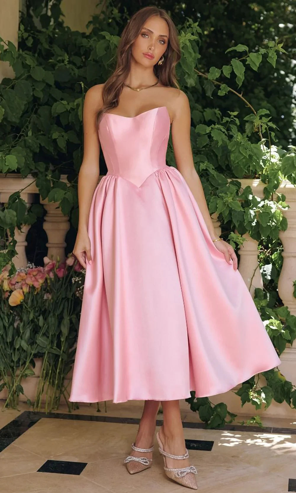 Elegant A-Line Sweetheart Lace Up Back Rose Pink Tea-Length Prom Dresses