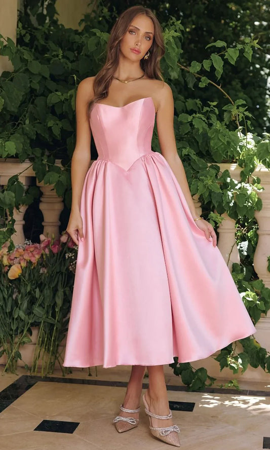 Elegant A-Line Sweetheart Lace Up Back Rose Pink Tea-Length Prom Dresses
