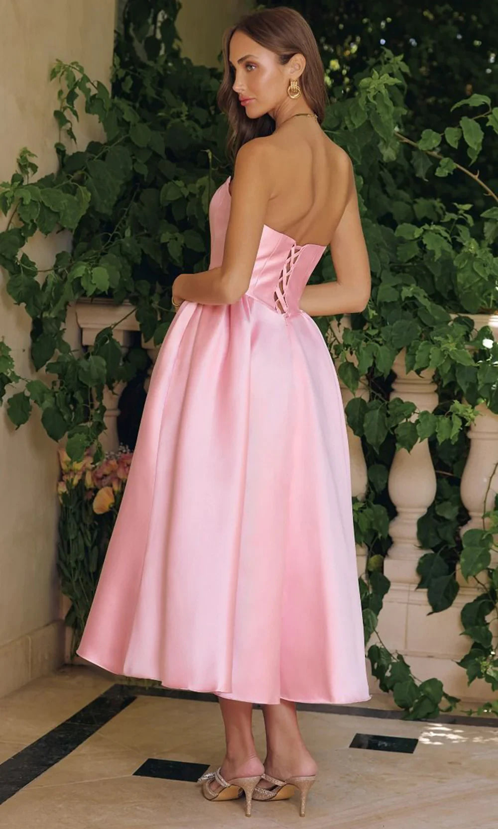 Elegant A-Line Sweetheart Lace Up Back Rose Pink Tea-Length Prom Dresses
