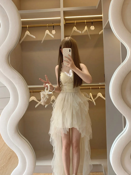 Elegant A-Line Sweetheart Pearl Ruffled Tulle Champagne High-Low Homecoming Dress