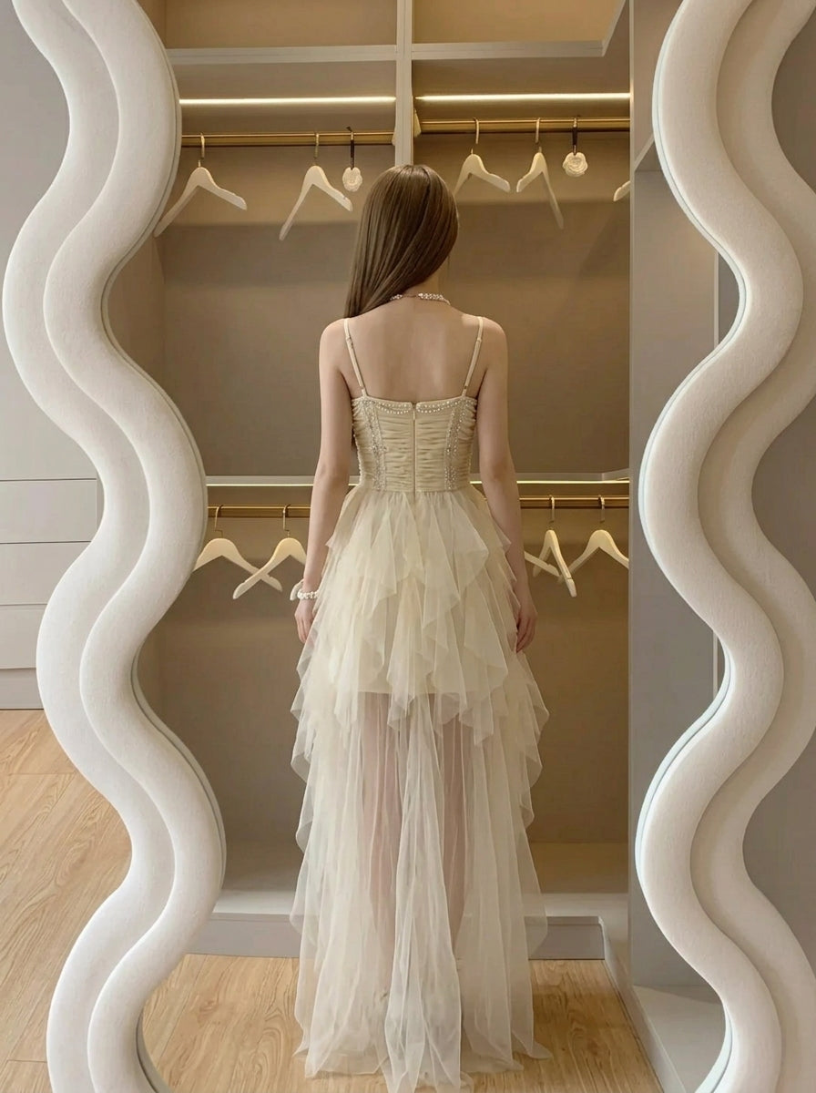 Elegant A-Line Sweetheart Pearl Ruffled Tulle Champagne High-Low Homecoming Dress