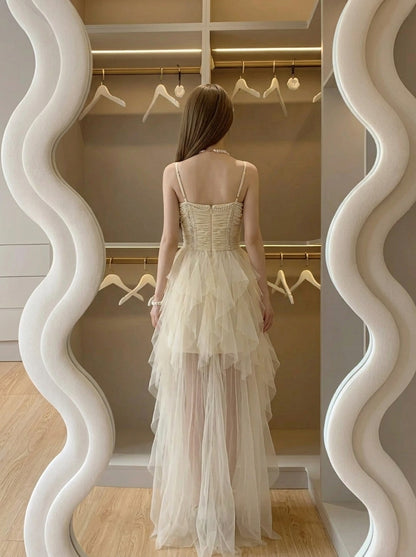 Elegant A-Line Sweetheart Pearl Ruffled Tulle Champagne High-Low Homecoming Dress
