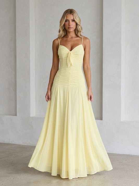 Elegant A-Line Sweetheart Ruched Bow-Accent Pale Yellow Maxi Prom Dress