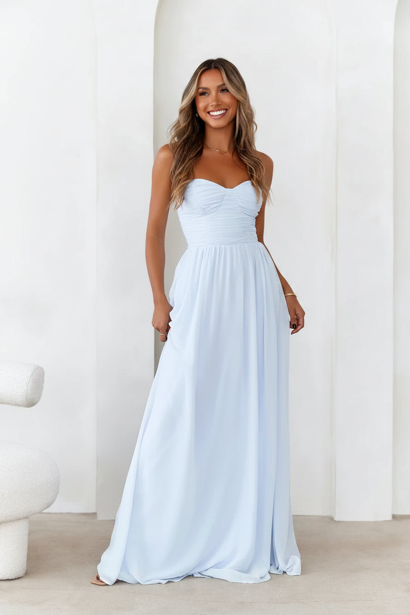 Elegant A-Line Sweetheart Ruched Flowy Light Blue Floor-Length Prom Dress