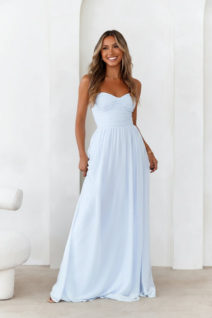 Elegant A-Line Sweetheart Ruched Flowy Light Blue Floor-Length Prom Dress
