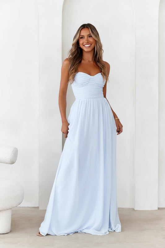 Elegant A-Line Sweetheart Ruched Flowy Light Blue Floor-Length Prom Dress