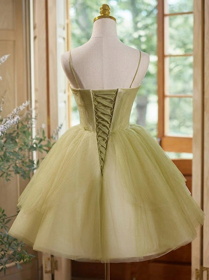 Elegant A-Line Sweetheart Ruched Layered Tulle Sage Green Short Homecoming Dresses