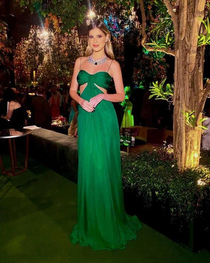 Elegant A-Line Sweetheart Sleeveless Cutout Pleated Emerald Green Floor-Length Evening Gown