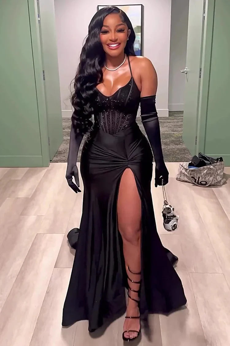 Elegant A-Line Sweetheart Sleeveless High Slit Black Floor-Length Evening Dress Women's Gown