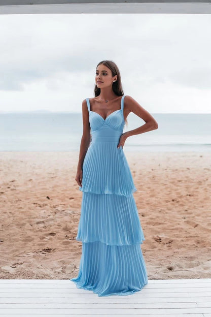 Elegant A-Line Sweetheart Sleeveless Pleated Tiered Sky Blue Floor-Length Evening Dress
