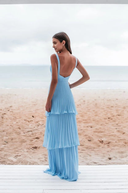 Elegant A-Line Sweetheart Sleeveless Pleated Tiered Sky Blue Floor-Length Evening Dress