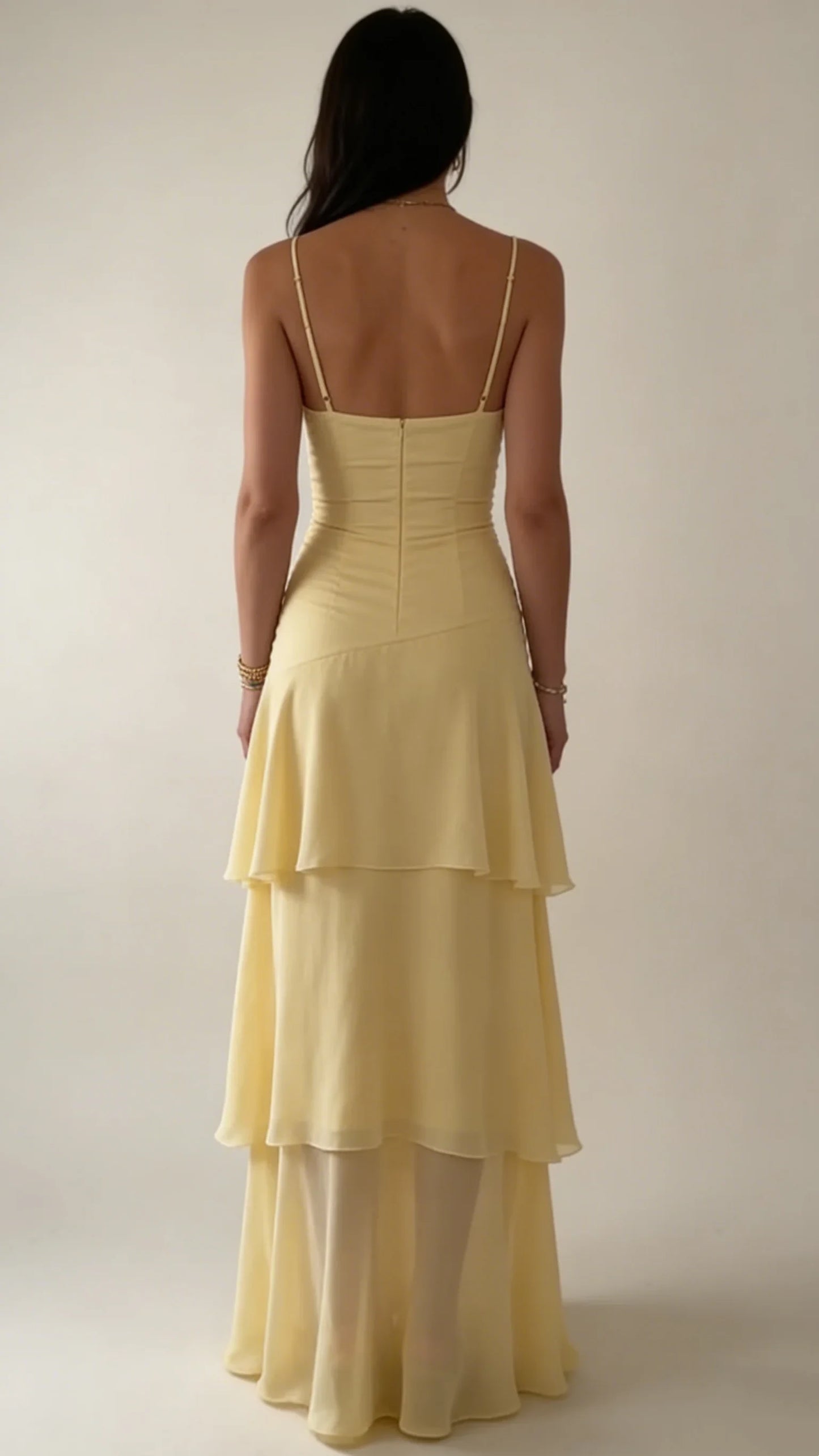 Elegant A-Line Sweetheart Sleeveless Tiered Ruffle Pale Yellow Floor-Length Evening Gown
