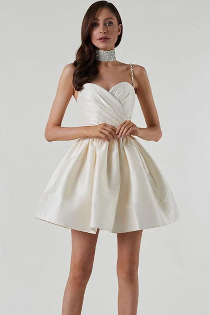 Elegant A-Line Sweetheart Spaghetti Strap Pleated Ivory Mini Homecoming Dress