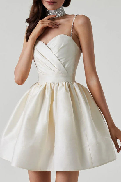 Elegant A-Line Sweetheart Spaghetti Strap Pleated Ivory Mini Homecoming Dress