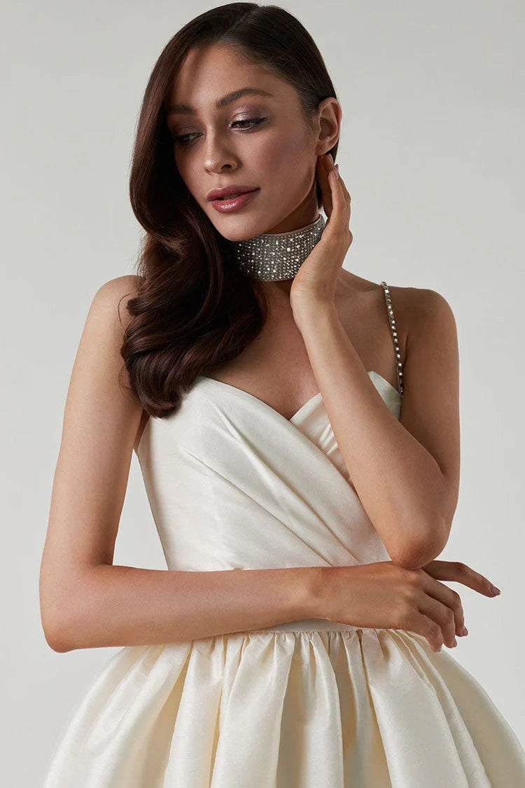 Elegant A-Line Sweetheart Spaghetti Strap Pleated Ivory Mini Homecoming Dress