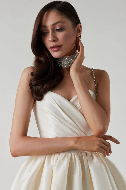 Elegant A-Line Sweetheart Spaghetti Strap Pleated Ivory Mini Homecoming Dress