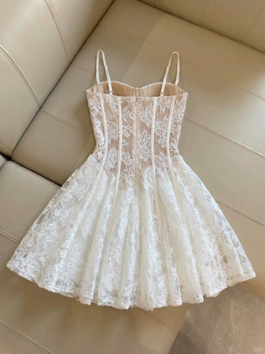 Elegant A-Line Sweetheart Spaghetti Straps Corset Lace White Mini Homecoming Dress