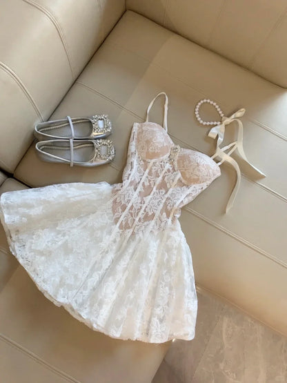 Elegant A-Line Sweetheart Spaghetti Straps Corset Lace White Mini Homecoming Dress