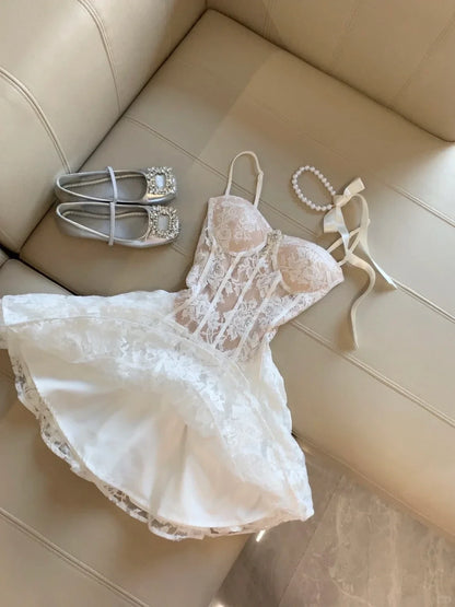 Elegant A-Line Sweetheart Spaghetti Straps Corset Lace White Mini Homecoming Dress