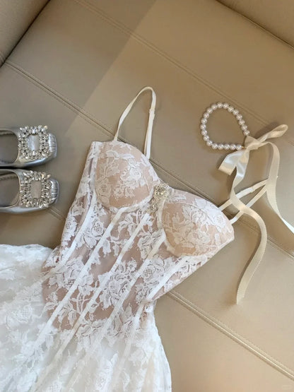 Elegant A-Line Sweetheart Spaghetti Straps Corset Lace White Mini Homecoming Dress