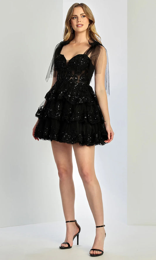 Elegant A-Line Sweetheart Sparkling Tiered Black Mini Homecoming Dress