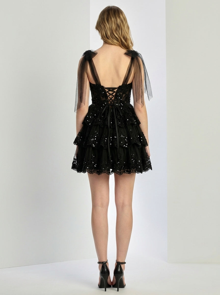Elegant A-Line Sweetheart Sparkling Tiered Black Mini Homecoming Dress