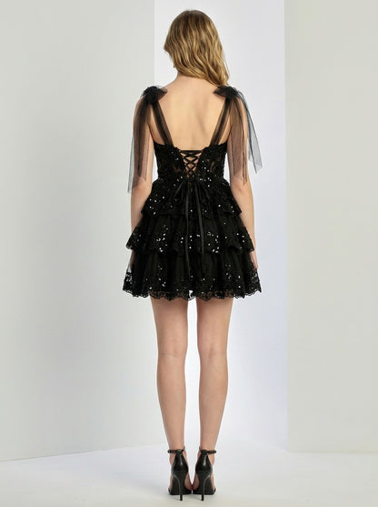 Elegant A-Line Sweetheart Sparkling Tiered Black Mini Homecoming Dress