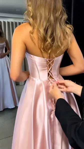 Elegant A-Line Sweetheart Strapless Sleeveless Blush Pink Floor-Length Evening Dress Gown