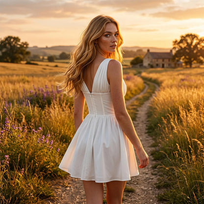 Elegant A-Line V-Neck Corset Tie Ruched White Short Summer Homecoming Dress