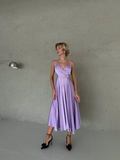 Elegant A-Line V-Neck Criss-Cross Back Lavender Midi Prom Dress With Tie