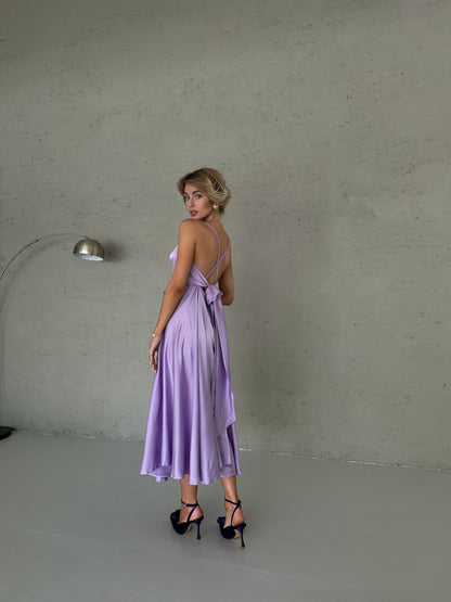 Elegant A-Line V-Neck Criss-Cross Back Lavender Midi Prom Dress With Tie