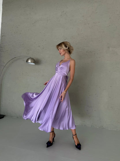 Elegant A-Line V-Neck Criss-Cross Back Lavender Midi Prom Dress With Tie