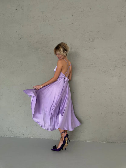 Elegant A-Line V-Neck Criss-Cross Back Lavender Midi Prom Dress With Tie