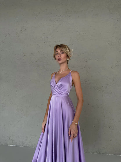 Elegant A-Line V-Neck Criss-Cross Back Lavender Midi Prom Dress With Tie
