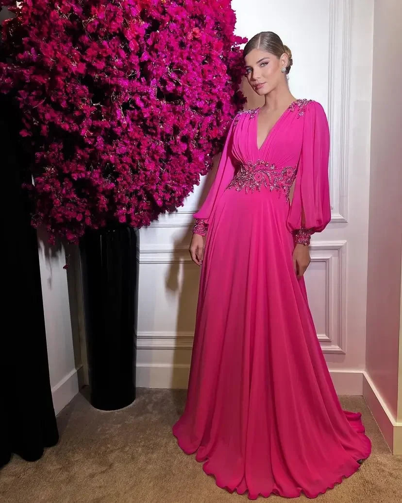 Elegant A-Line V-Neck Long Sleeve Beaded Fuchsia Floor-Length Women's Evening Gown