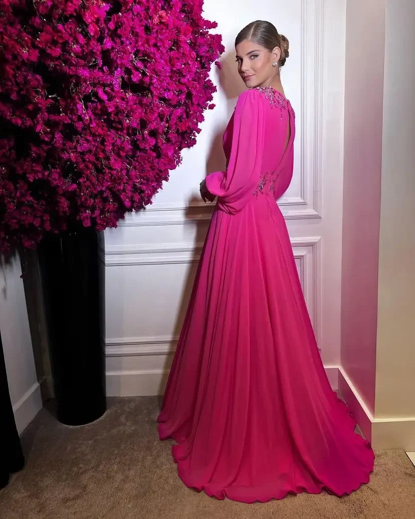 Elegant A-Line V-Neck Long Sleeve Beaded Fuchsia Floor-Length Women's Evening Gown
