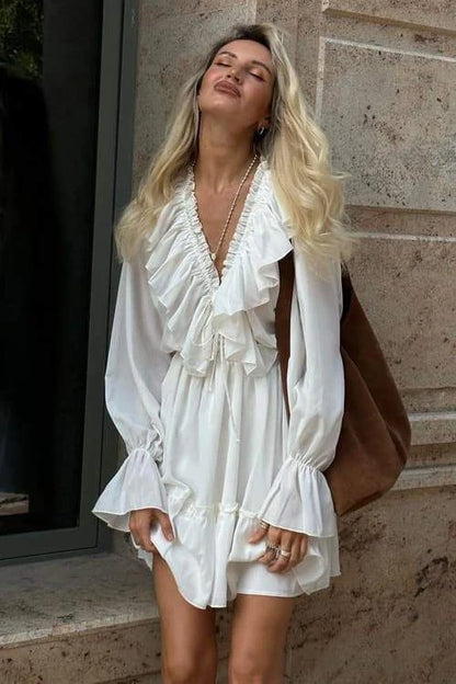 Elegant A-Line V-Neck Long Sleeve Ruffled Tiered White Mini Homecoming Dress