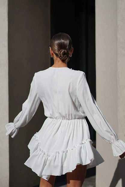 Elegant A-Line V-Neck Long Sleeve Ruffled Tiered White Mini Homecoming Dress