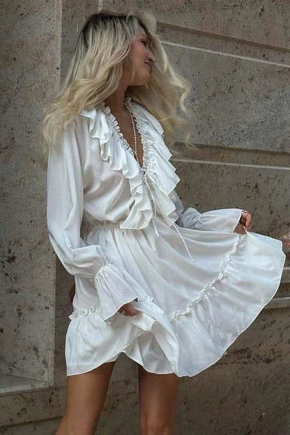 Elegant A-Line V-Neck Long Sleeve Ruffled Tiered White Mini Homecoming Dress