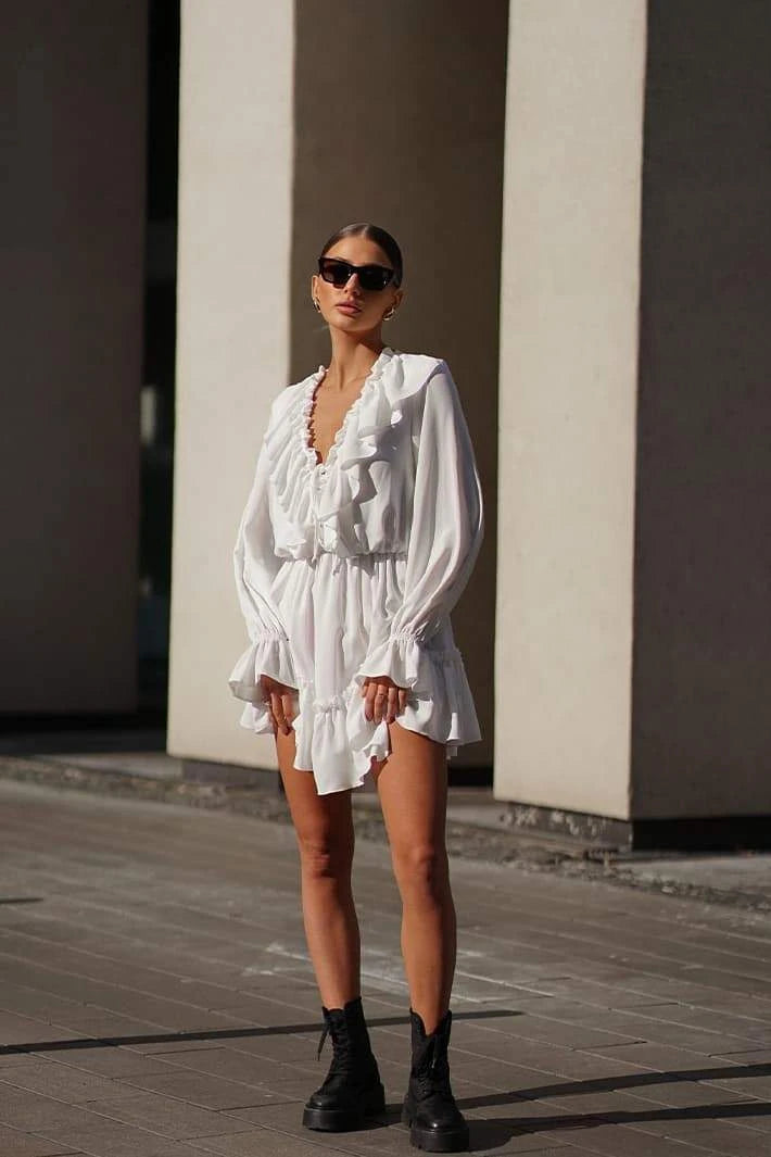 Elegant A-Line V-Neck Long Sleeve Ruffled Tiered White Mini Homecoming Dress