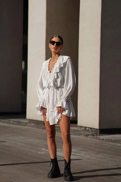 Elegant A-Line V-Neck Long Sleeve Ruffled Tiered White Mini Homecoming Dress
