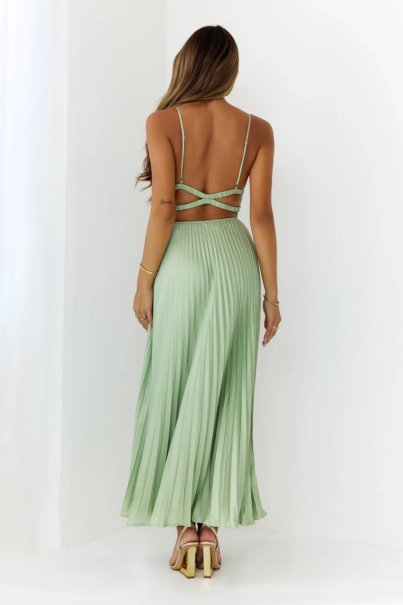 Elegant A-Line V-Neck Pleated Open Back Satin Light Green Maxi Prom Dress