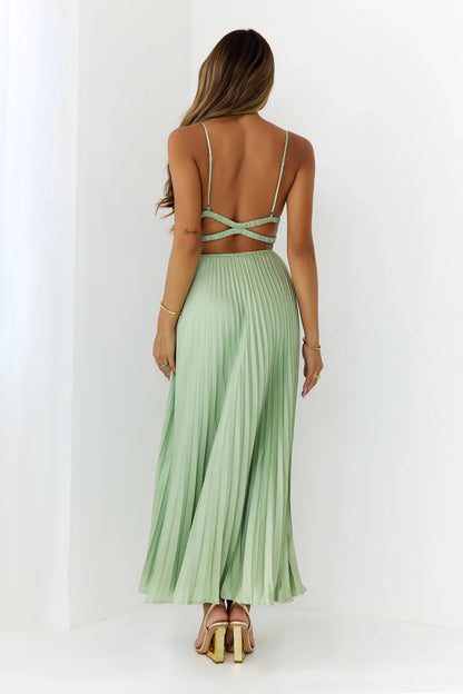 Elegant A-Line V-Neck Pleated Open Back Satin Light Green Maxi Prom Dress