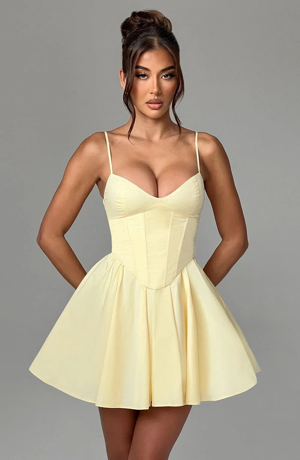 Elegant A-Line V Neck Corset Pleated Pale Yellow Mini Homecoming Dress
